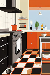 Kitchen interior, Bauhaus style background, trendy 20s geometric design poster design, generative AI digital art.