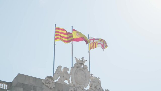 Flags of Barcelona, Catalunya, Spain 4k 50fps