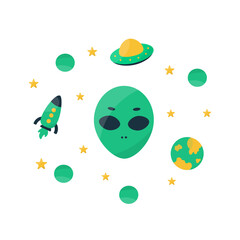 Fototapeta premium alien ufo cosmic faces space planets spaceship unknown stars elements