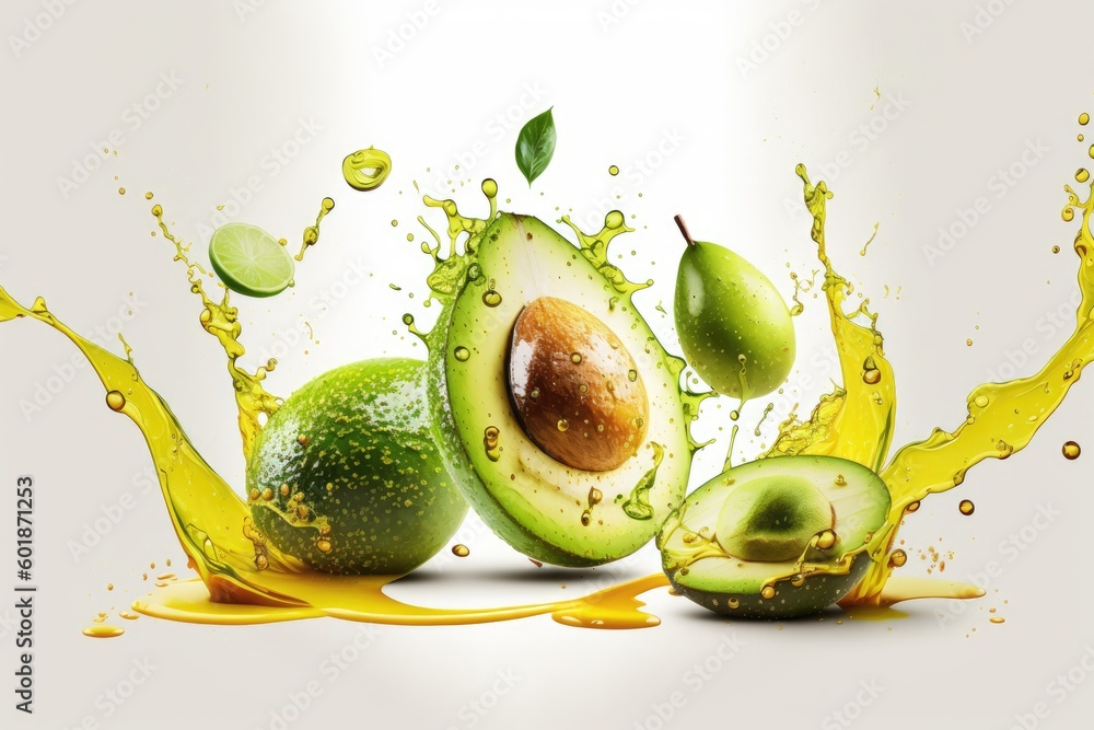 Poster fresh avocado sliced in half with juice splash generative ai