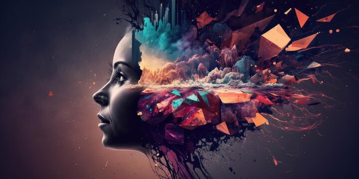 Creative mind imagination concept art, exploding emotions out of head, inner thought and dreams. superlative generative AI image.