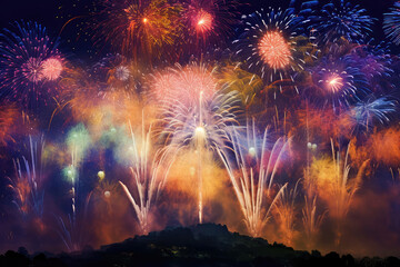 ai generative illustrations  - colorful fireworks explode against a dark background, vibrant fantasy landscapes