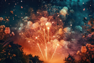 ai generative illustrations  - colorful fireworks explode against a dark background, vibrant fantasy landscapes