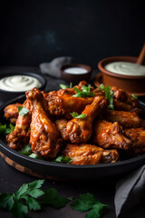 A platter of juicy, flavorful hot wings tossed in a spicy sauce, served with a side of blue cheese dressing, AI-generated art, Generative AI, illustration 