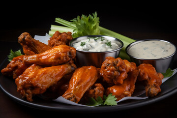 Fototapeta premium A platter of juicy, flavorful hot wings tossed in a spicy sauce, served with a side of blue cheese dressing, AI-generated art, Generative AI, illustration 