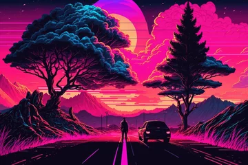 Rolgordijnen Silhouette of man on road and sport car on background of retro wave landscape with trees along road and mountain ridge with moon in background. illustration in style of 80s created with Generative AI. © sommersby