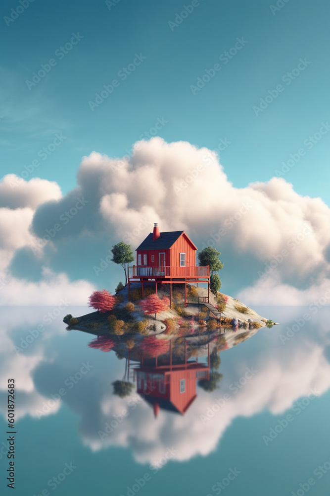 Poster a tiny house on a small island in the middle of the ocean. generative ai.