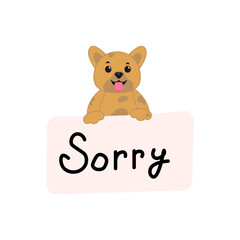 The dog  holding empty horizontal advertising banner with text sorry. Cute corgi
