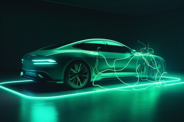 Electric car charging at hologram background with charger. Generative AI
