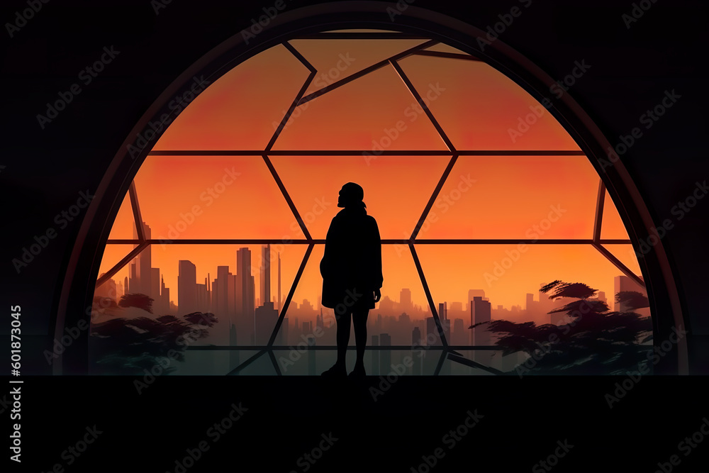 Poster a person standing in front of a large window. generative ai.
