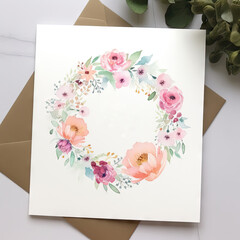 Greeting Mother's day card. Hand-drawn bouquet of pink flowers. Watercolor gift with empty copy space for text and envelope lay table. AI generative