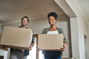 Happy couple, real estate and boxes in new home for relocation, renovation or investment together....