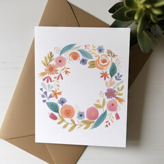 Greeting card with tender flowers. Hand-drawn bouquet of pink flowers. Watercolor gift with empty copy space for text and envelope lay table. AI generative