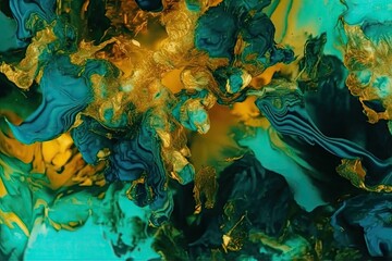 Fototapeta na wymiar close-up view of a vibrant green and yellow liquid in a laboratory flask Generative AI