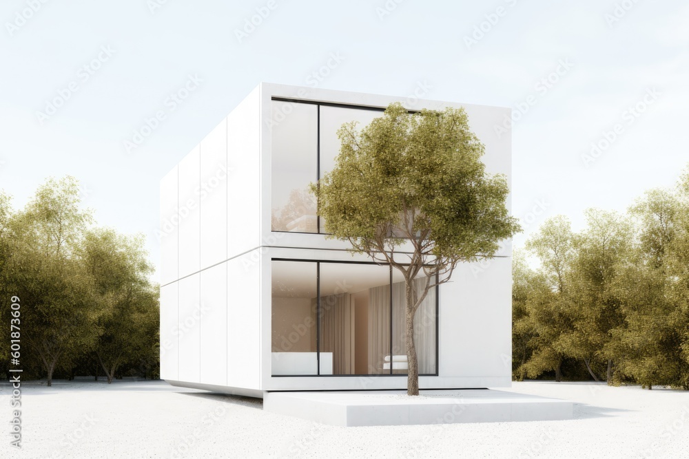 Poster minimalist white building with a solitary tree in the foreground generative ai
