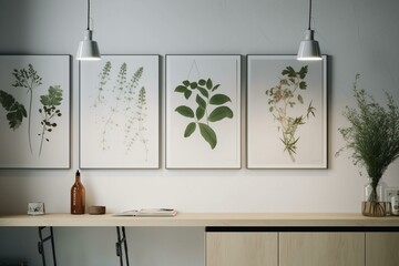 Botanical posters hanging on wall with white cabinet, wooden light, and plants. Generative AI