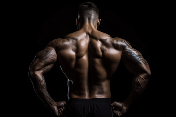 Fototapeta na wymiar A man, male bodybuilder with his back turned to the camera on black background. Generative AI.
