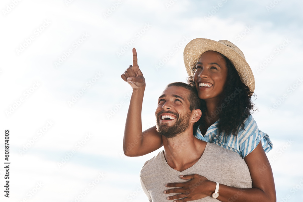 Sticker Sky, piggyback and happy couple pointing at space with nature on romantic summer holiday travel and mockup. Love, man and woman on adventure with happiness on date, romance and vacation together.