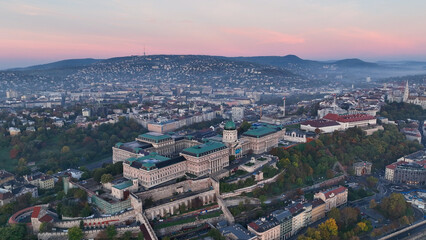 Aerial skyline view of Budapest with Buda Castle Royal Palace and River Danube at sunrise, Hungary