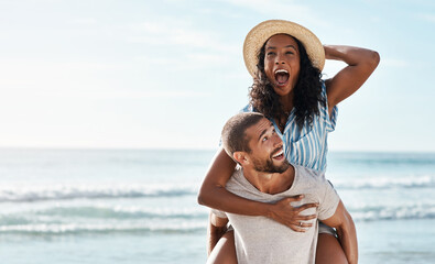 Beach, piggy back and woman with happy man on romantic summer holiday with mockup space and travel to ocean. Romance, happiness and excited couple at sea for adventure on vacation together in Cancun. - obrazy, fototapety, plakaty