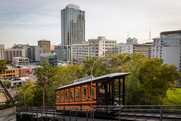 Historic Angels Flight funicular railway with downtown Los Angeles cityscape