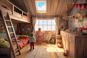 A little girl standing in a room next to a bunk bed. Tiny house interior. Generative AI. - obrazy, fototapety, plakaty