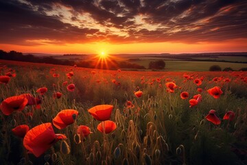 Fototapeta na wymiar An image of a stunning sunset over a field of poppies, creating a warm and serene atmosphere. Generative AI