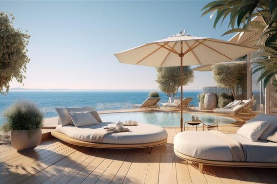 A captivating image of a chic poolside lounge area, offering a perfect blend of lavish design and awe-inspiring ocean views for an unforgettable summer experience. Generative AI