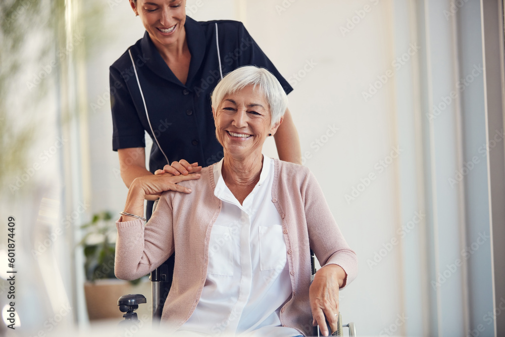 Sticker Trust, wheelchair and elderly woman with caregiver in retirement home for wellness and healthcare. Medical, happy and portrait of senior female person with disability bonding with professional nurse.