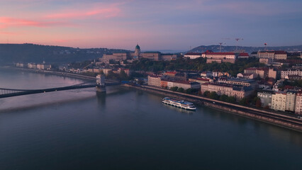 Fototapeta na wymiar Aerial skyline view of Budapest with Buda Castle Royal Palace and River Danube at sunrise, Hungary
