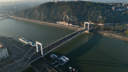 Obraz premium Aerial View of Budapest, Hungary. Elisabeth Bridge or Erzsebet hid is the third newest bridge of Budapest, Hungary, connecting Buda and Pest