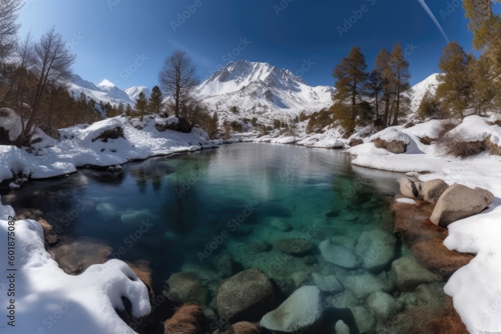 Poster serene river flowing through snow-covered mountains and trees generative ai