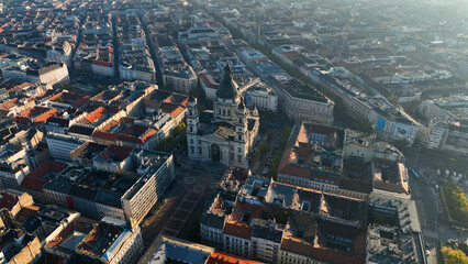 Stunning Sunrise, Aerial View Shot of Budapest city skyline, St. Stephens Basilica (Szent Istvan-bazilika) in the early morning. Hungary