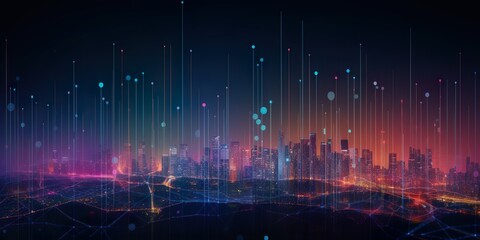 Smart city, abstract dot point connect with gradient line, glowing streets, data bubbles, village, vector, colorful, dots