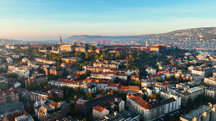 Morning light, Establishing Aerial View Shot of Budapest, Hungary. Buda and Danube river at sunrise
