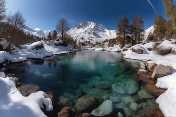 serene river flowing through snow-covered mountains and trees Generative AI