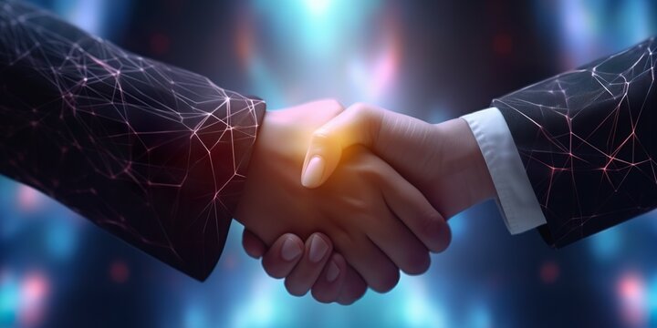 business man and woman digital handshake with effect, network, link, connection, glowing, digitalization, partnership, trust, deal