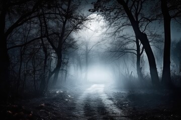 misty forest path at night Generative AI