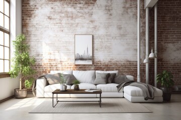 cozy living room with exposed brick walls and a minimalist white couch Generative AI