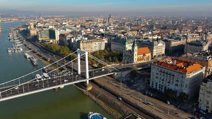 Fototapeta na wymiar Aerial View of Budapest, Hungary. Elisabeth Bridge or Erzsebet hid is the third newest bridge of Budapest, Hungary, connecting Buda and Pest