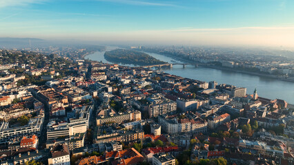 Budapest city sunrise skyline, aerial view. Danube river, Buda side, Hungary