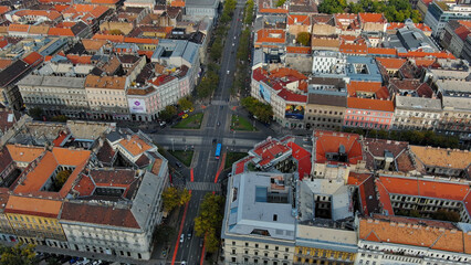 Aerial view of Budapest, Andrassy Avenue, Oktogon square, Pest Hungary