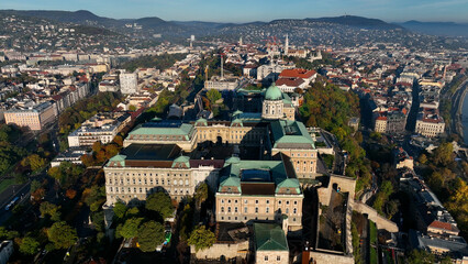 Fototapeta premium Buda Castle Royal Palace, Establishing Aerial View Shot of Budapest, Hungary