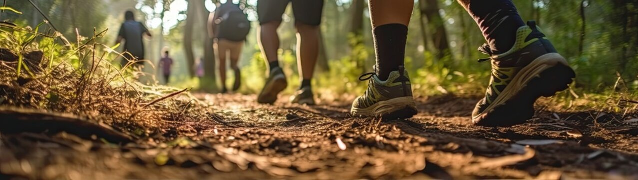 A closeup of many feet jogging on a dirt track, image taken very close to the ground (Generative AI, Generativ, KI)