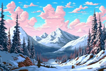 Winter Wonderland: Pixel Art Mountain Landscape, Generative AI