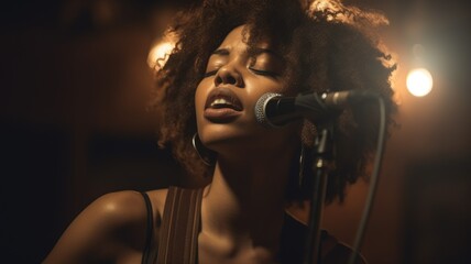 Musician Female African-American Young adult Singing and playing guitar on stage in Music venue. Generative AI AIG22. - obrazy, fototapety, plakaty
