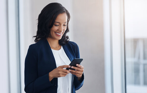 Entrepreneur, smile and woman with a smartphone, typing or connection with text message, check emails or chatting. Female person, employee or consultant with a cellphone, mobile app or online reading