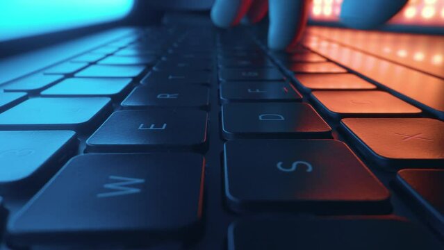 Close up of hands typing and coding on laptop keyboard. Digital innovation protection technology. Futuristic network server background. Blockchain crypto developer and binary program code concept