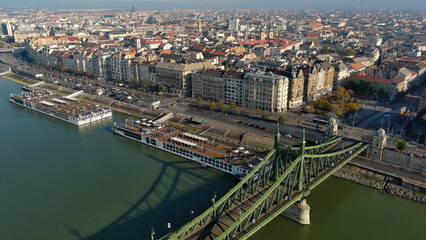 Fototapeta na wymiar Aerial view of Budapest Szabadsag hid (Liberty Bridge or Freedom Bridge), connects Buda and Pest across the River Danube