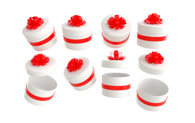 Gift box set with ribbon, 3d isolated on white background illustration. Open and closed white present box with red bow